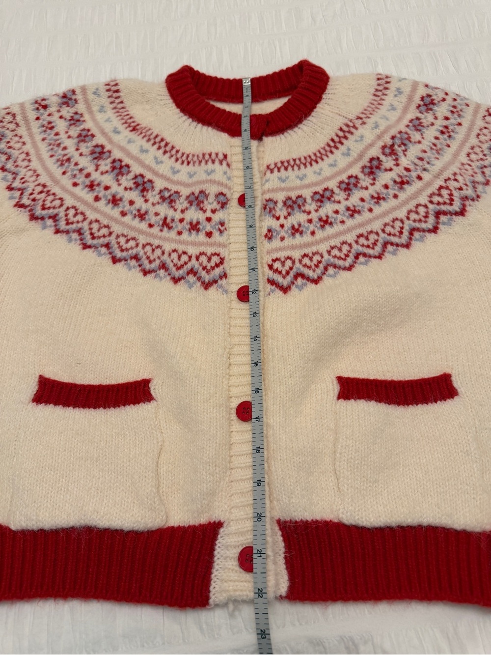 FAIR ISLE  Hearts Bows Cardigan Sweater Fuzzy Soft Cozy Pockets Nordic Soft Girl - Picture 14 of 17